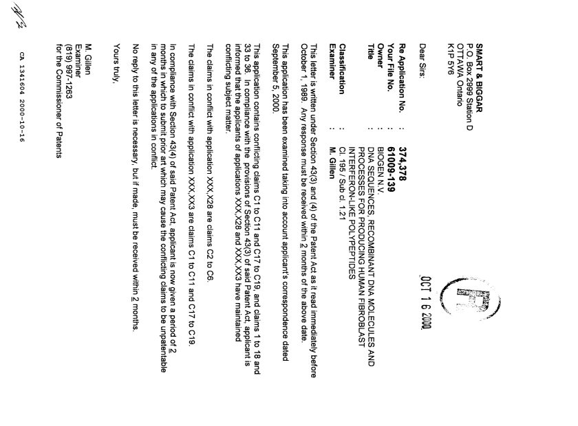 Document de brevet canadien 1341604. Demande d'examen 20001016. Image 1 de 1