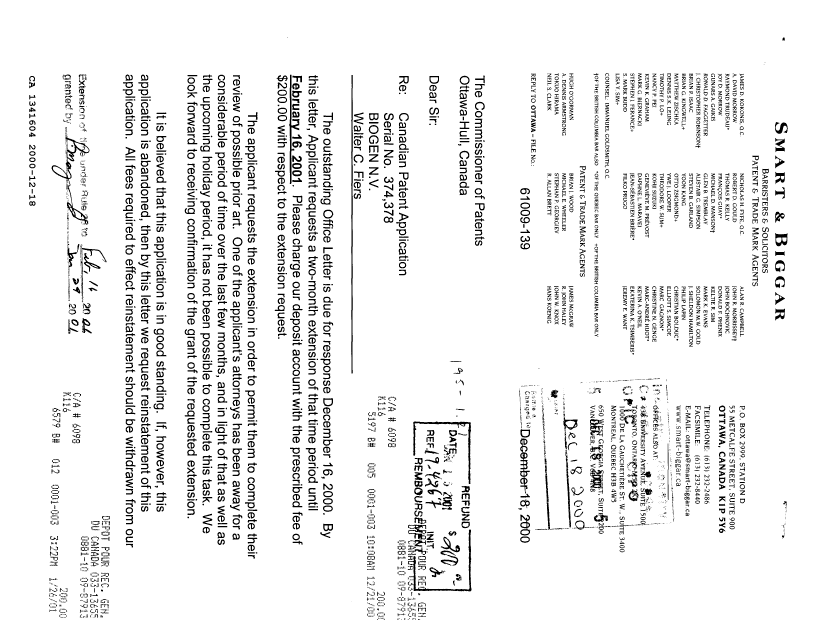 Document de brevet canadien 1341604. Correspondance reliée au PCT 20001218. Image 1 de 2