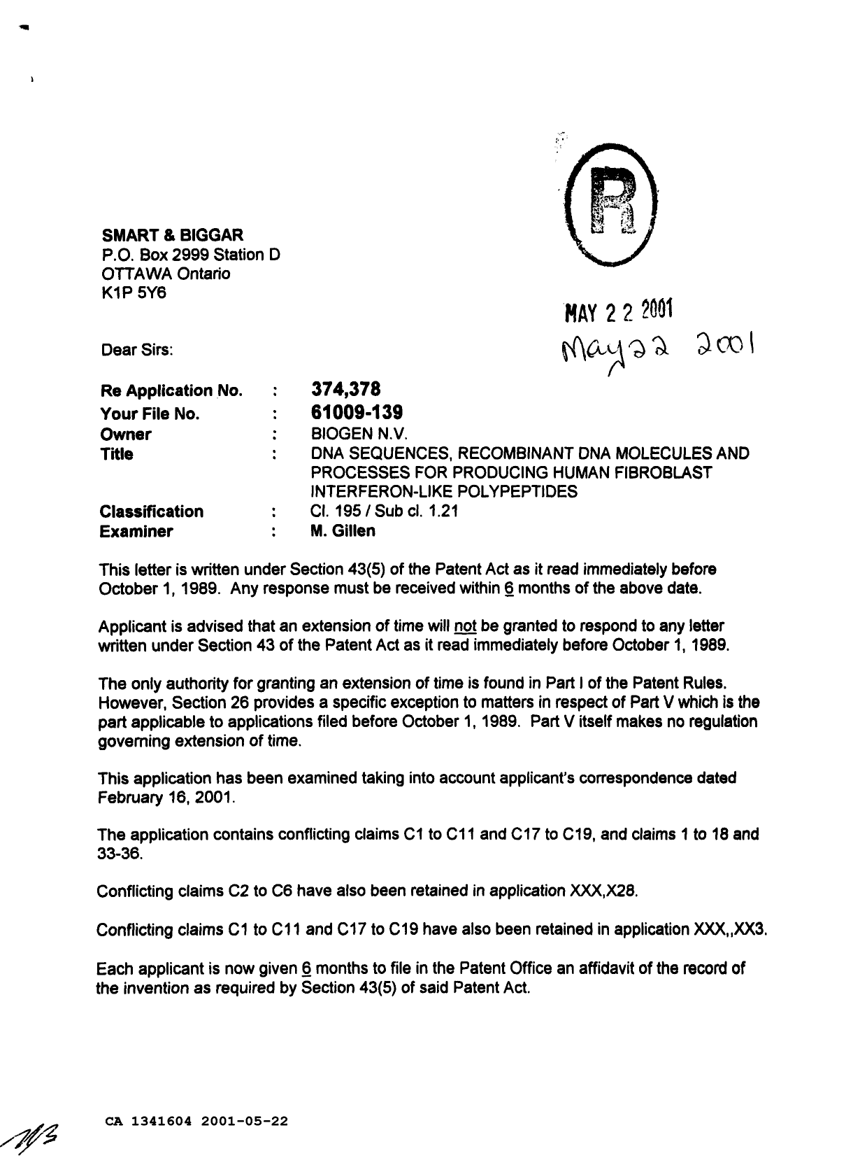 Document de brevet canadien 1341604. Demande d'examen 20010522. Image 1 de 2
