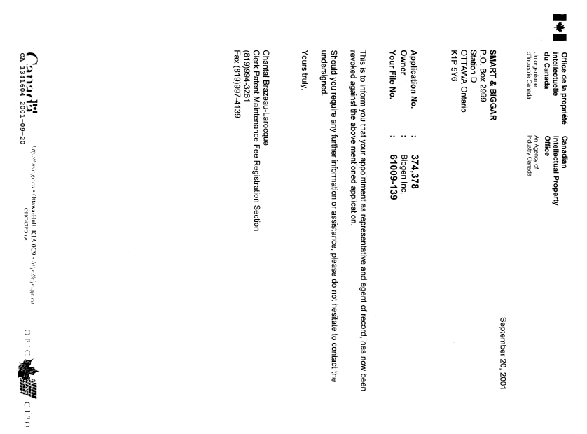 Document de brevet canadien 1341604. Lettre du bureau 20010920. Image 1 de 1