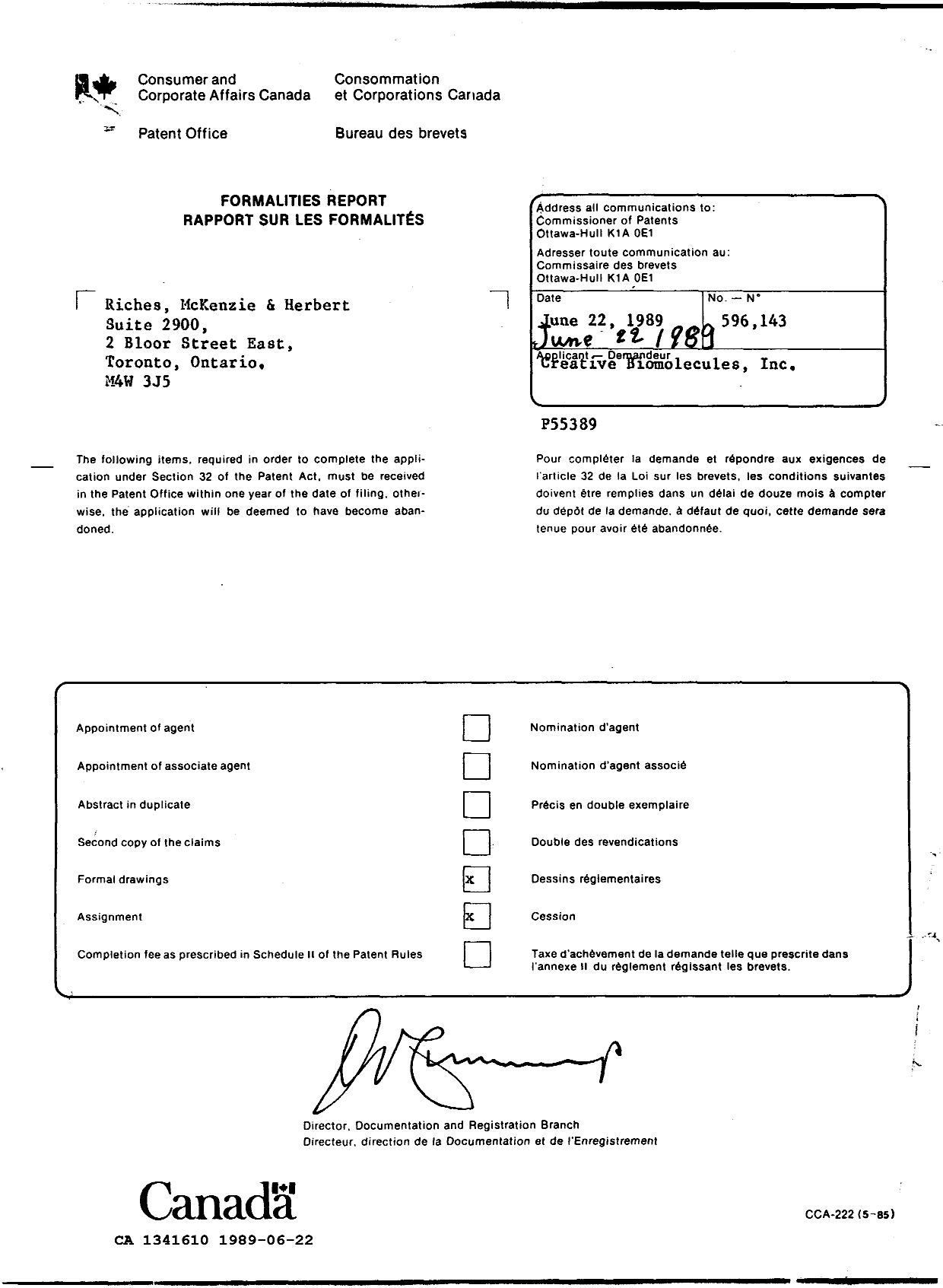 Document de brevet canadien 1341610. Lettre du bureau 19890622. Image 1 de 1