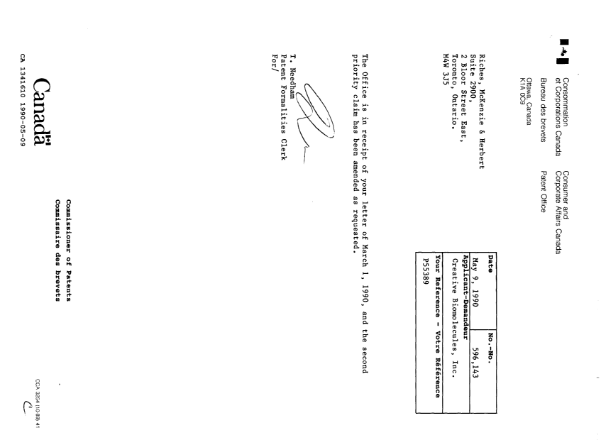 Document de brevet canadien 1341610. Lettre du bureau 19900509. Image 1 de 1