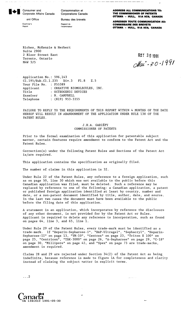 Canadian Patent Document 1341610. Examiner Requisition 19910530. Image 1 of 2