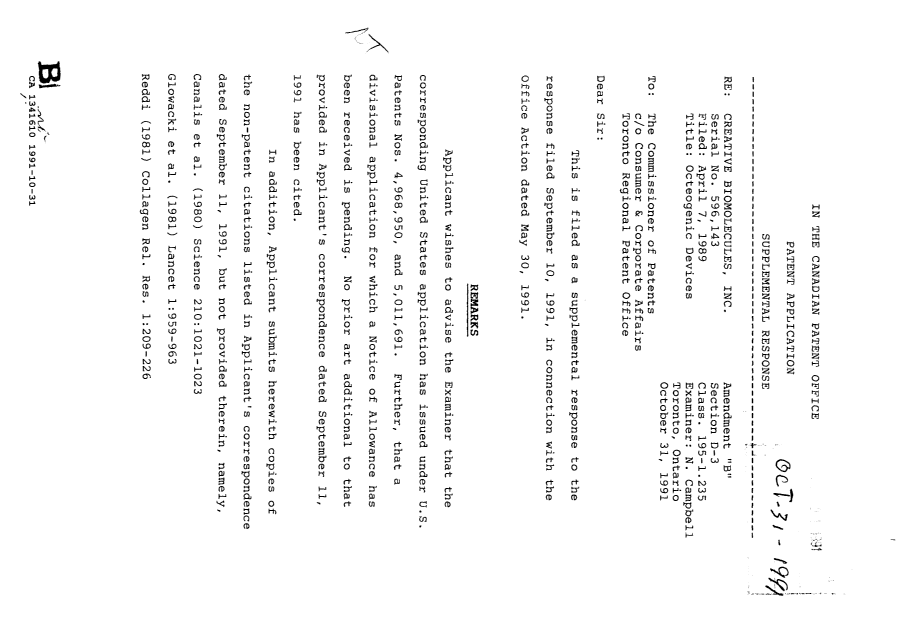 Document de brevet canadien 1341610. Correspondance de la poursuite 19911031. Image 1 de 3