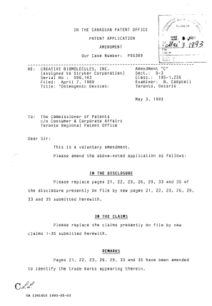 Canadian Patent Document 1341610. Prosecution Correspondence 19930503. Image 1 of 2