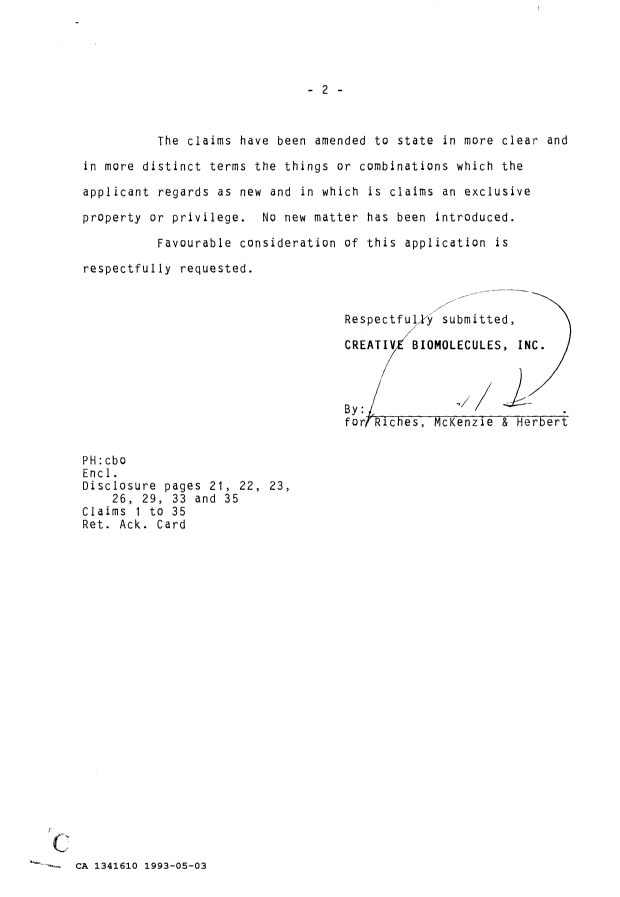 Document de brevet canadien 1341610. Correspondance de la poursuite 19930503. Image 2 de 2