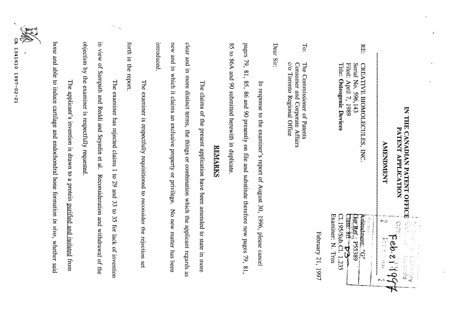Document de brevet canadien 1341610. Correspondance de la poursuite 19970221. Image 1 de 5