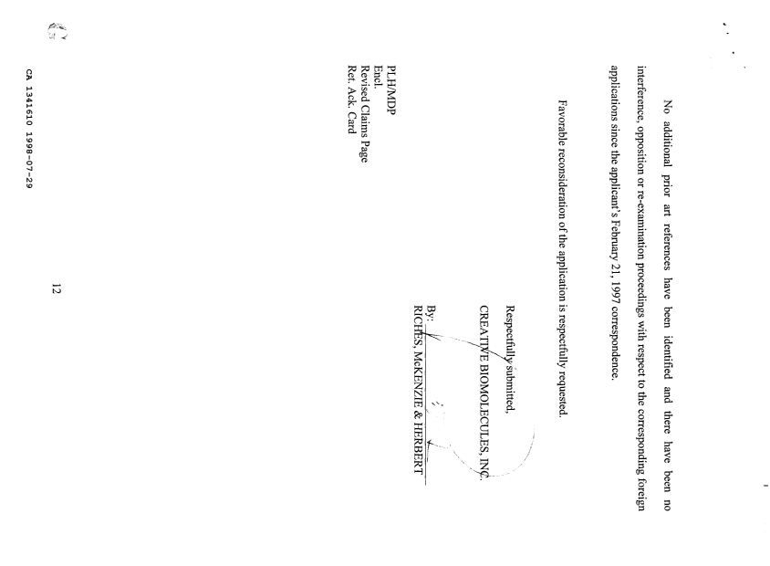 Canadian Patent Document 1341610. Prosecution Correspondence 19980729. Image 12 of 12