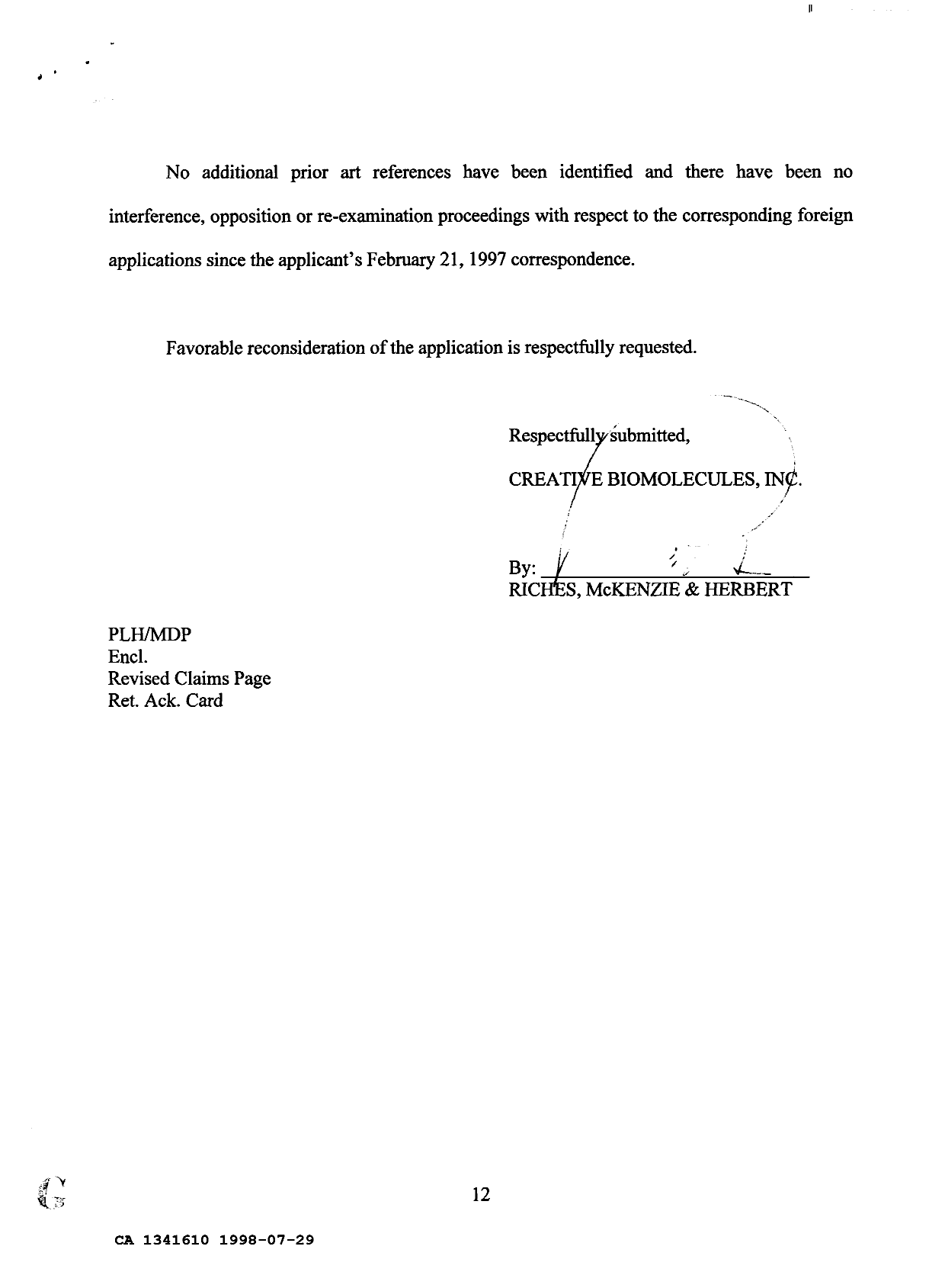 Canadian Patent Document 1341610. Prosecution Correspondence 19980729. Image 12 of 12