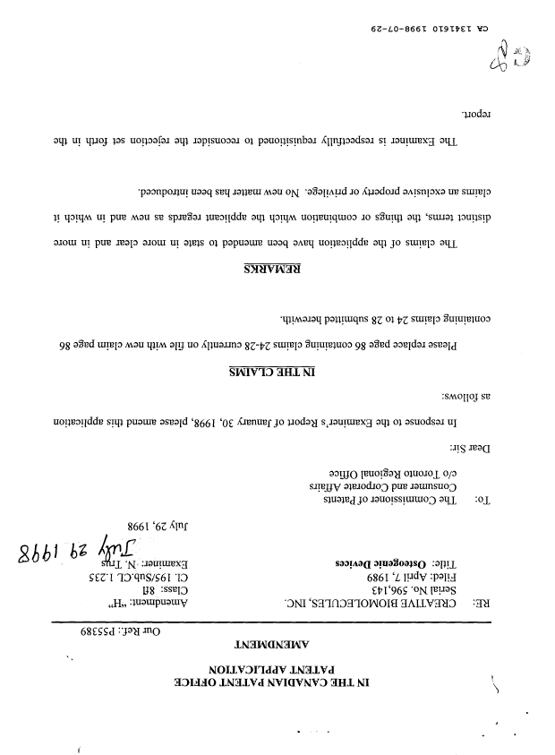 Canadian Patent Document 1341610. Prosecution Correspondence 19980729. Image 1 of 12