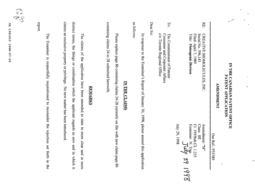 Document de brevet canadien 1341610. Correspondance de la poursuite 19980729. Image 1 de 12