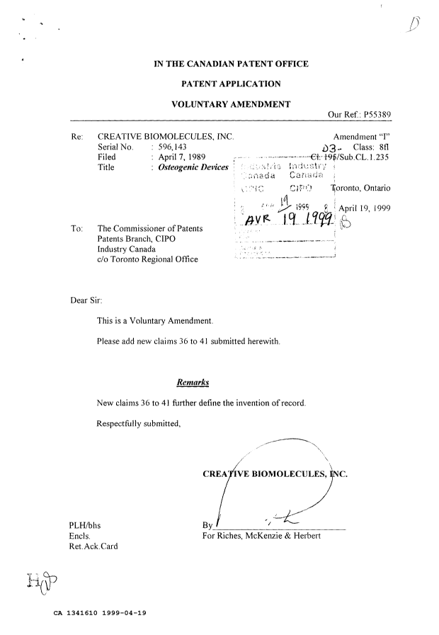 Canadian Patent Document 1341610. Prosecution Correspondence 19990419. Image 1 of 1
