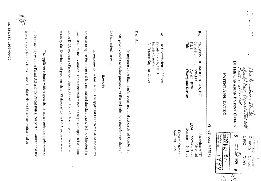 Document de brevet canadien 1341610. Correspondance de la poursuite 19990420. Image 1 de 2