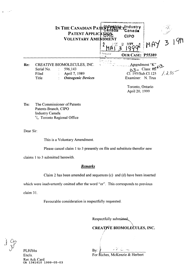 Canadian Patent Document 1341610. Prosecution Correspondence 19990503. Image 1 of 1