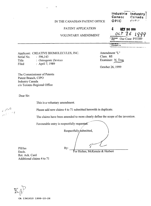 Canadian Patent Document 1341610. Prosecution Correspondence 19991026. Image 1 of 1