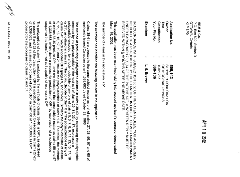 Document de brevet canadien 1341610. Demande d'examen 20020410. Image 1 de 2
