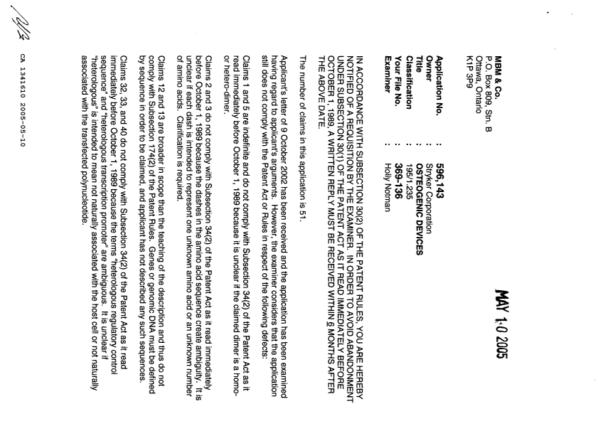 Document de brevet canadien 1341610. Demande d'examen 20050510. Image 1 de 2