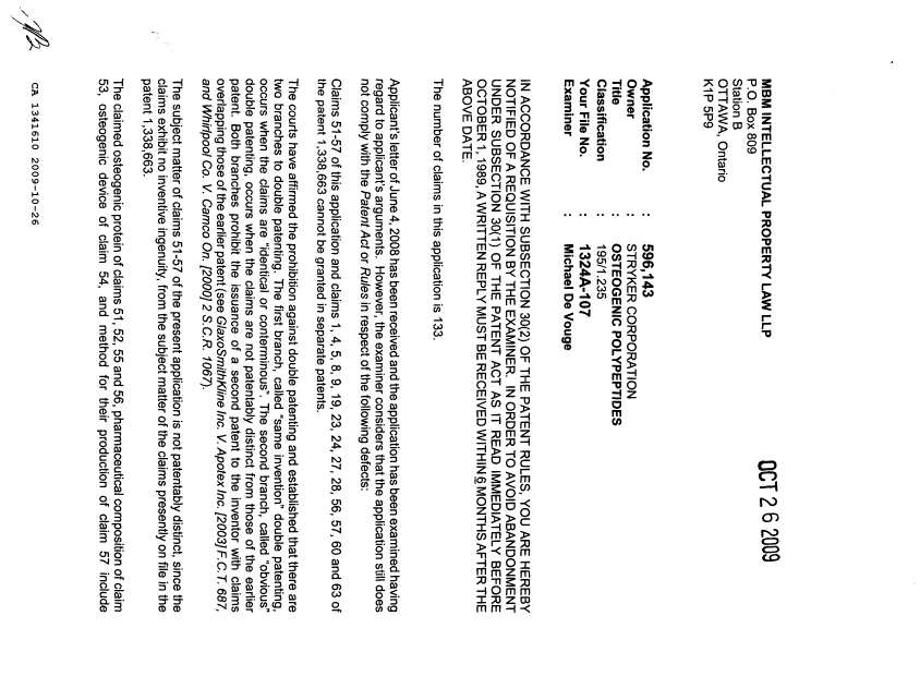 Document de brevet canadien 1341610. Demande d'examen 20091026. Image 1 de 3