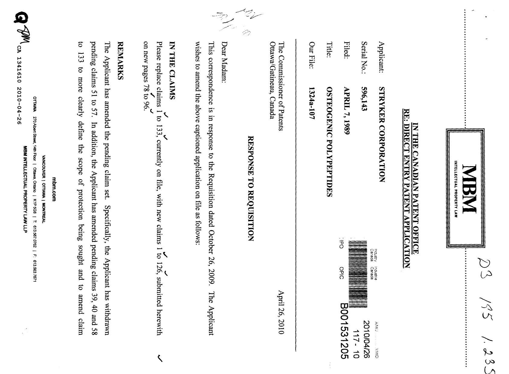 Canadian Patent Document 1341610. Prosecution Correspondence 20100426. Image 1 of 5