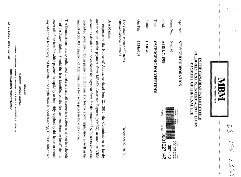 Document de brevet canadien 1341610. Correspondance reliée au PCT 20101222. Image 1 de 2