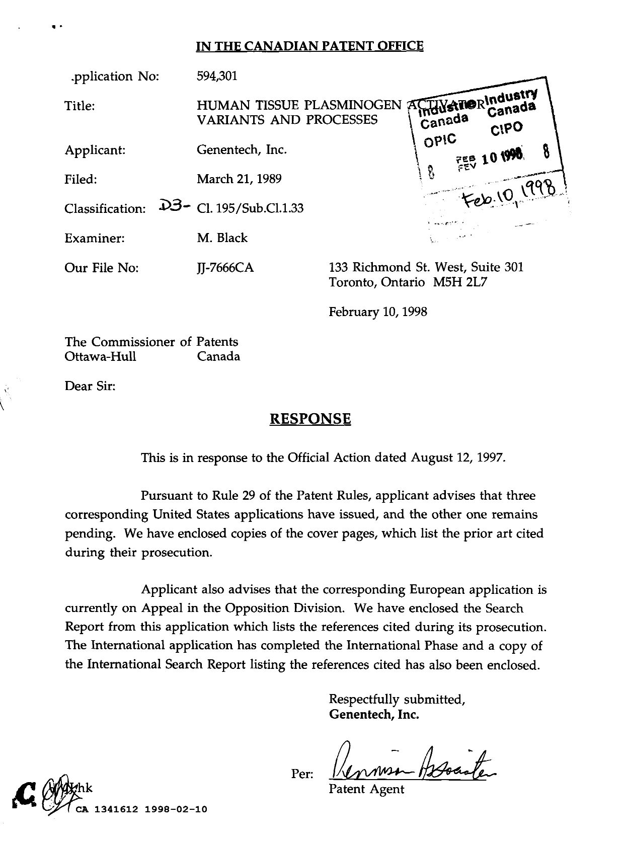 Document de brevet canadien 1341612. Correspondance de la poursuite 19980210. Image 1 de 26