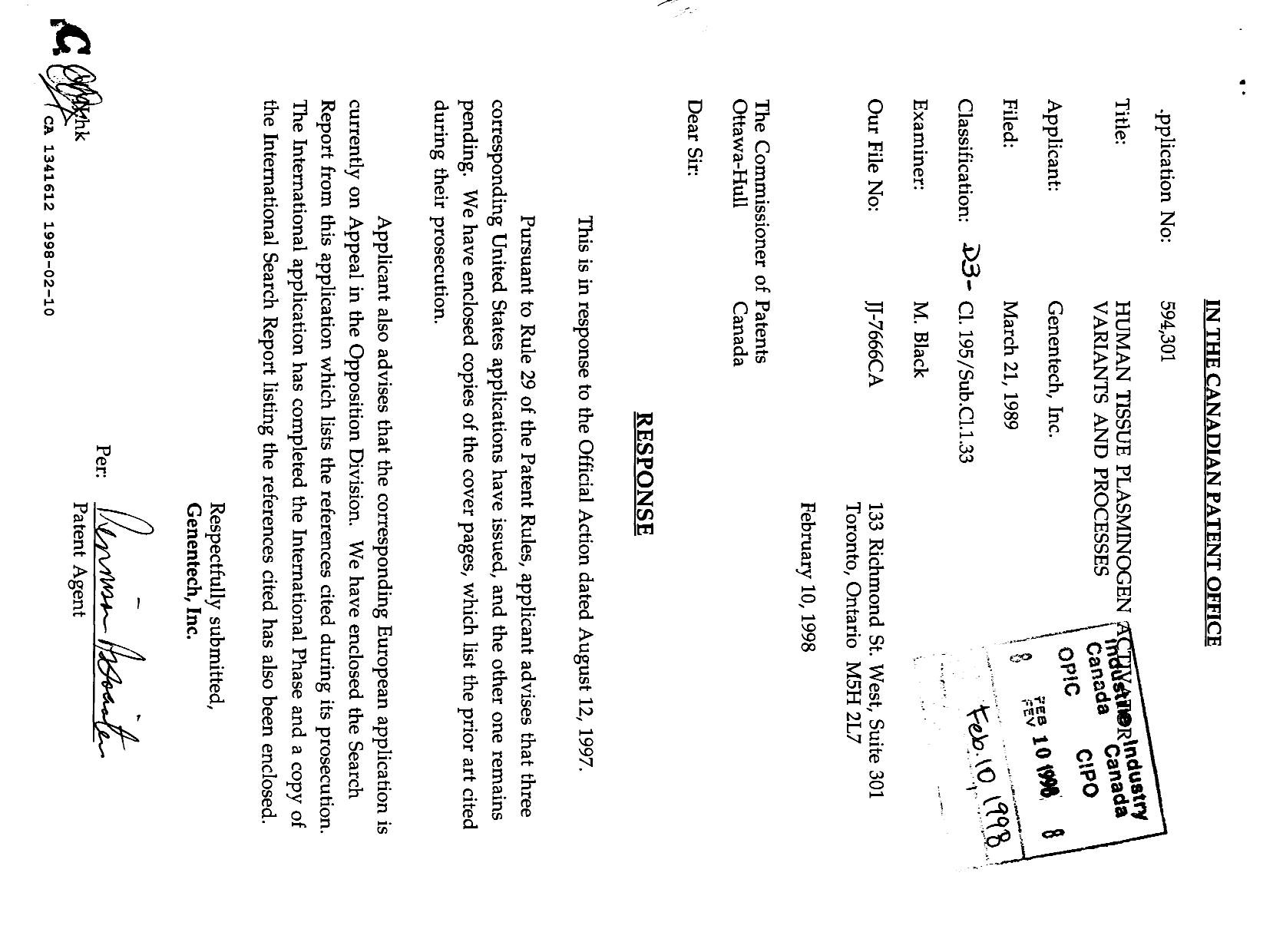 Canadian Patent Document 1341612. Prosecution Correspondence 19980210. Image 1 of 26