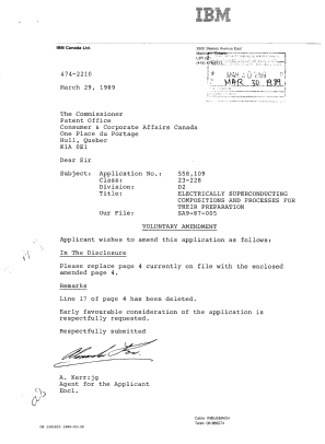 Document de brevet canadien 1341623. Correspondance de la poursuite 19890330. Image 1 de 1
