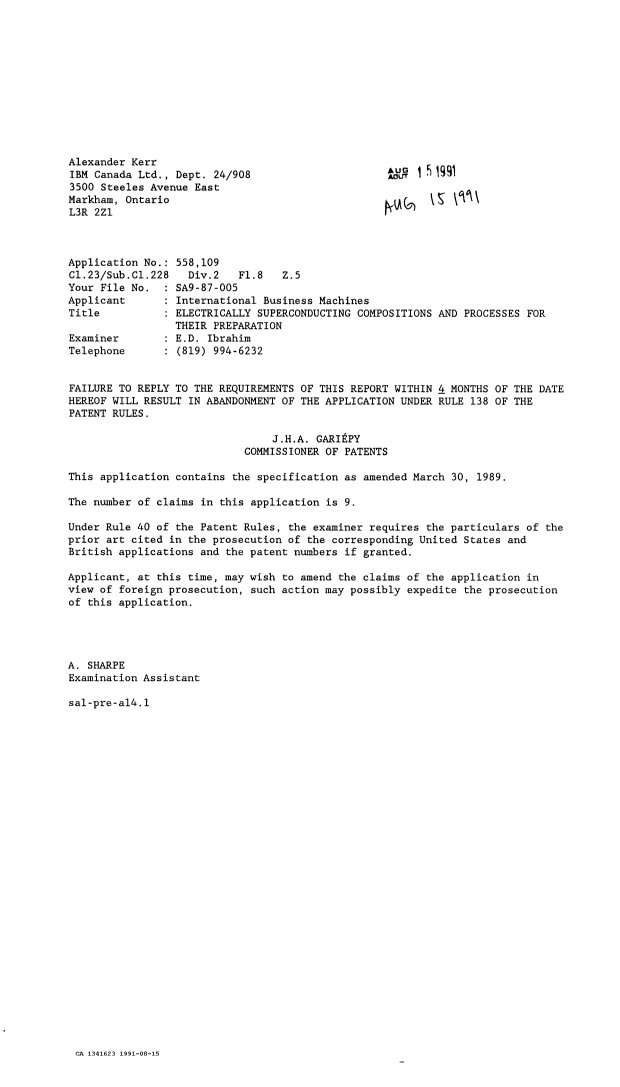 Canadian Patent Document 1341623. Examiner Requisition 19910815. Image 1 of 1