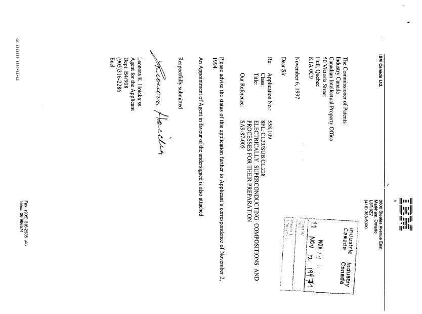 Document de brevet canadien 1341623. Correspondance reliée au PCT 19971112. Image 1 de 2