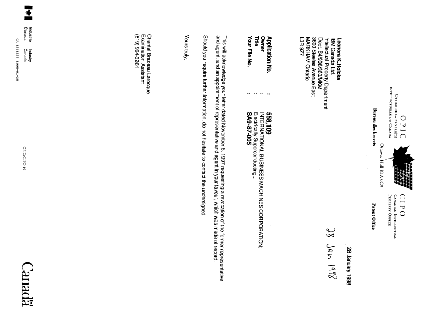 Document de brevet canadien 1341623. Lettre du bureau 19980128. Image 1 de 1