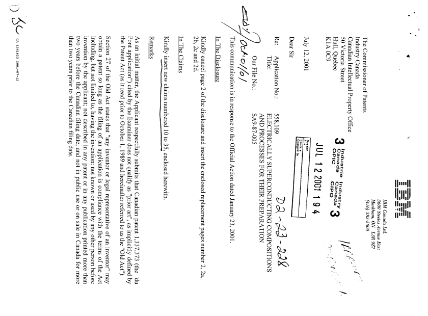 Document de brevet canadien 1341623. Correspondance de la poursuite 20010712. Image 1 de 5
