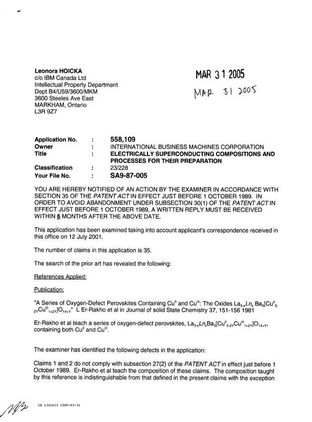 Canadian Patent Document 1341623. Examiner Requisition 20050331. Image 1 of 3