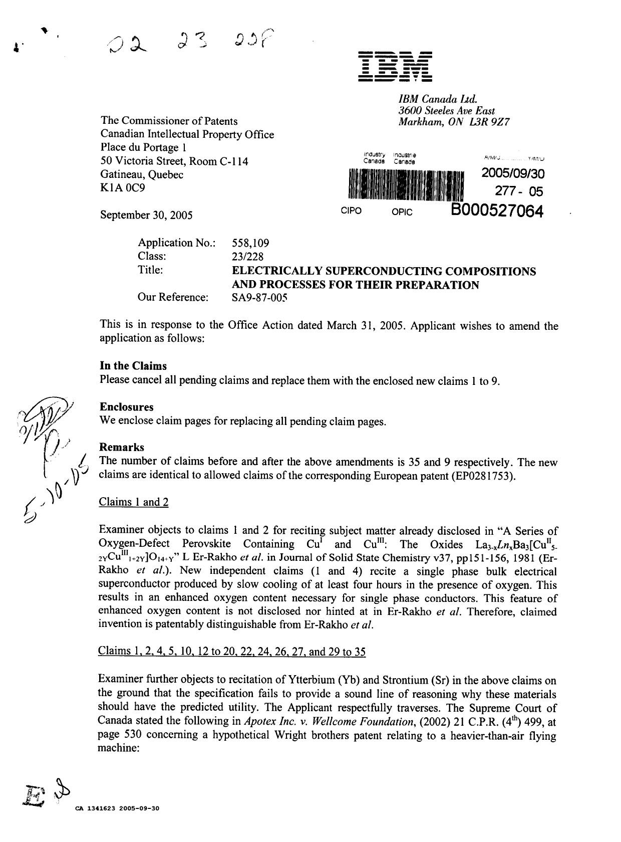 Document de brevet canadien 1341623. Correspondance de la poursuite 20050930. Image 1 de 4
