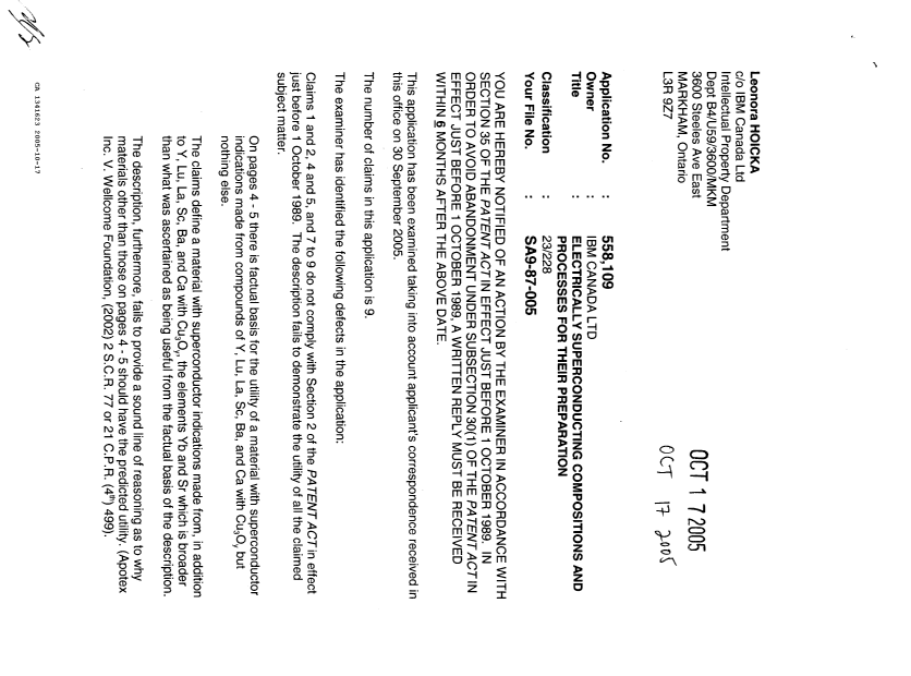 Document de brevet canadien 1341623. Demande d'examen 20051017. Image 1 de 3
