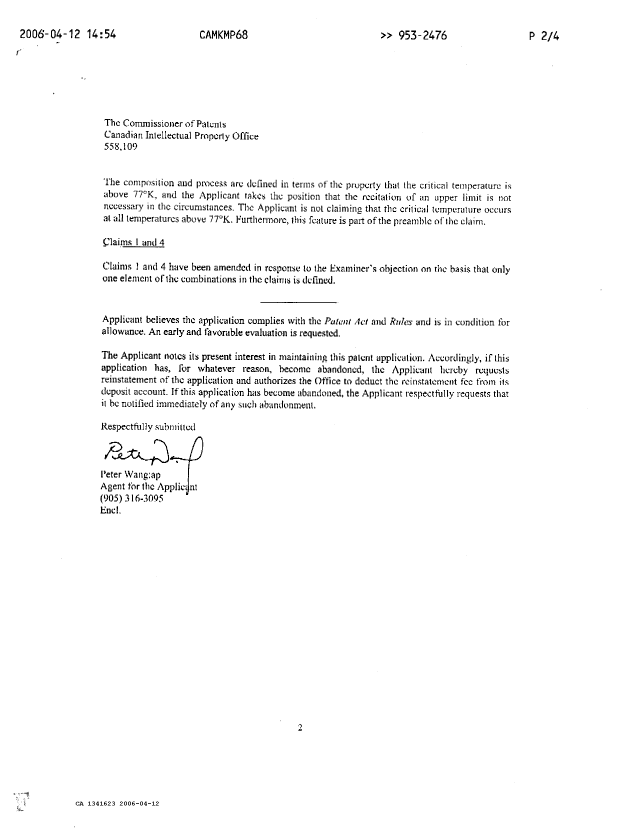 Document de brevet canadien 1341623. Correspondance de la poursuite 20060412. Image 2 de 2