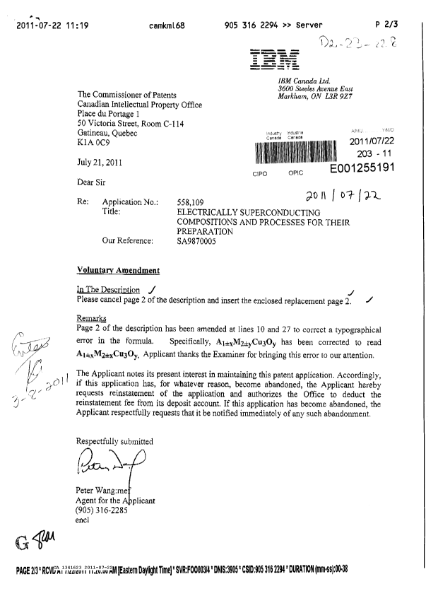 Canadian Patent Document 1341623. Prosecution Correspondence 20110722. Image 1 of 2