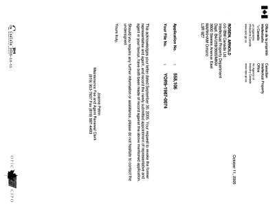 Canadian Patent Document 1341636. Office Letter 20051011. Image 1 of 1