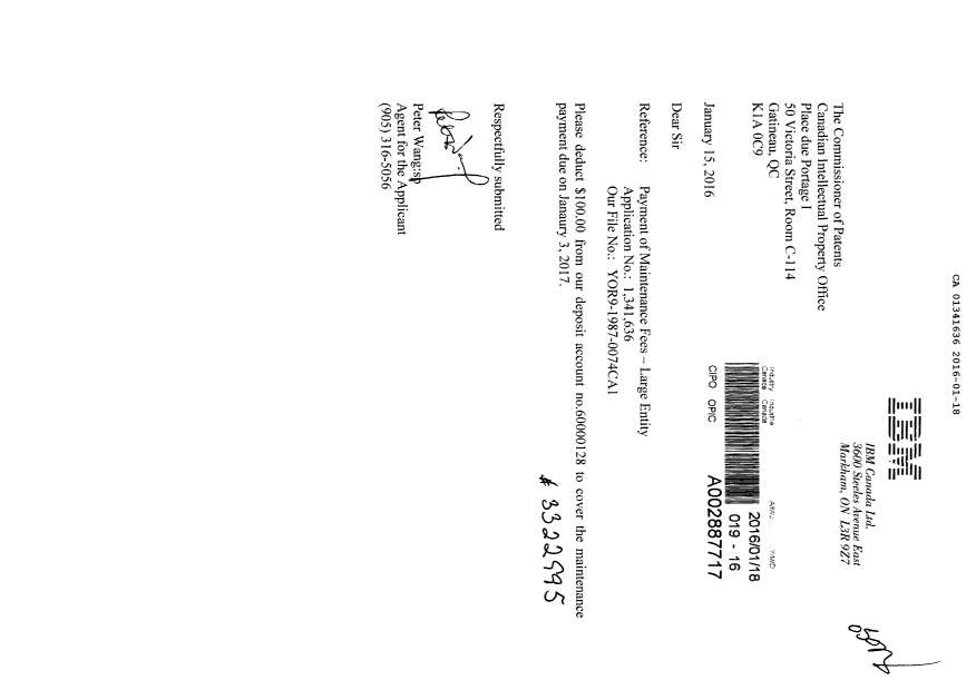 Document de brevet canadien 1341636. Paiement de taxe périodique 20160118. Image 1 de 1