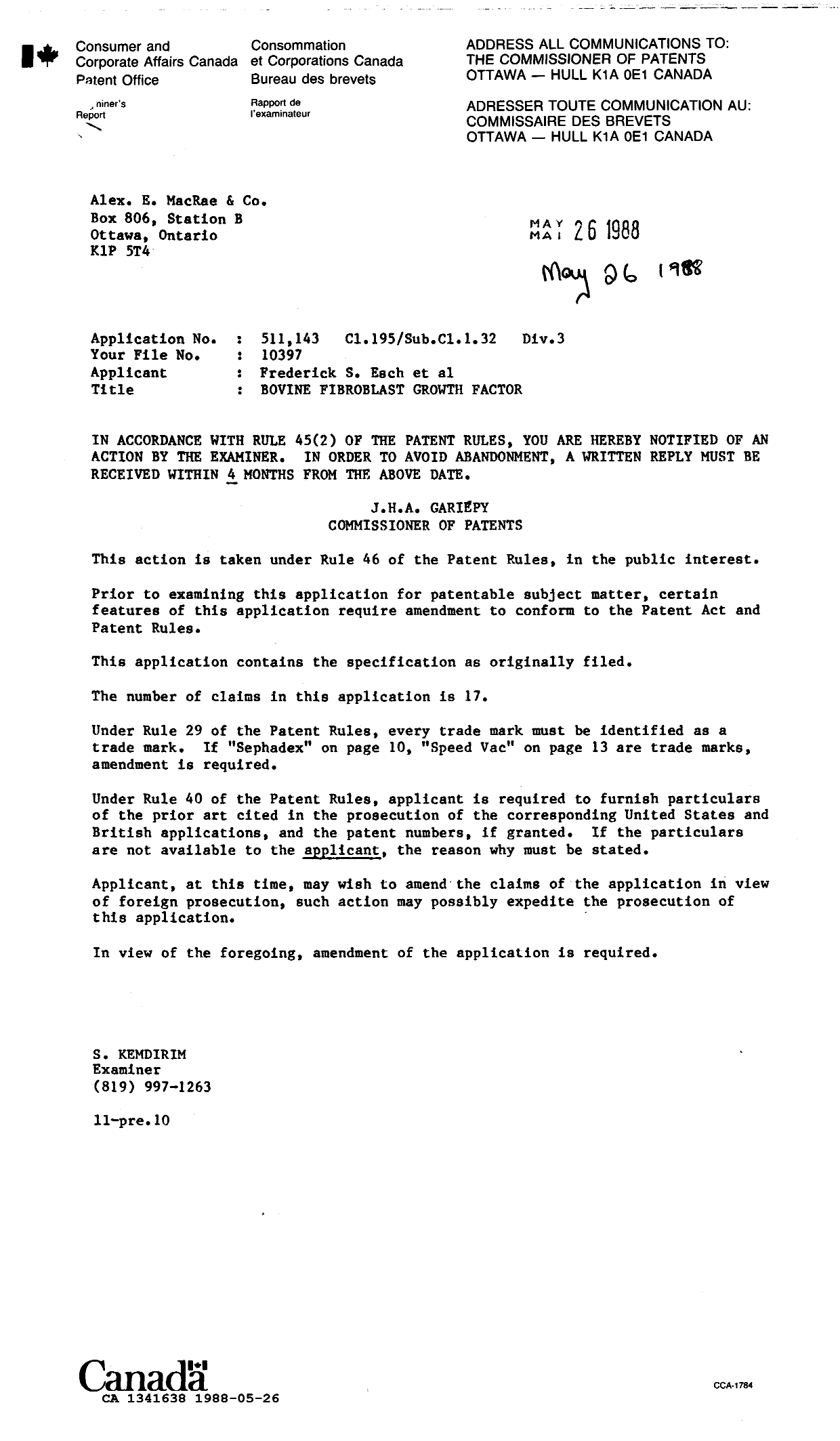 Document de brevet canadien 1341638. Demande d'examen 19880526. Image 1 de 1