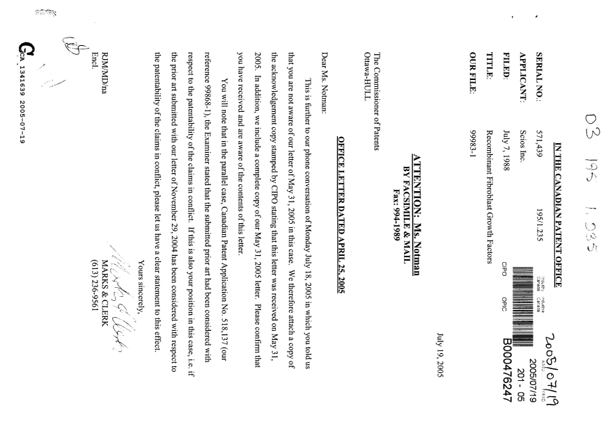 Document de brevet canadien 1341639. Correspondance de la poursuite 20050719. Image 1 de 2