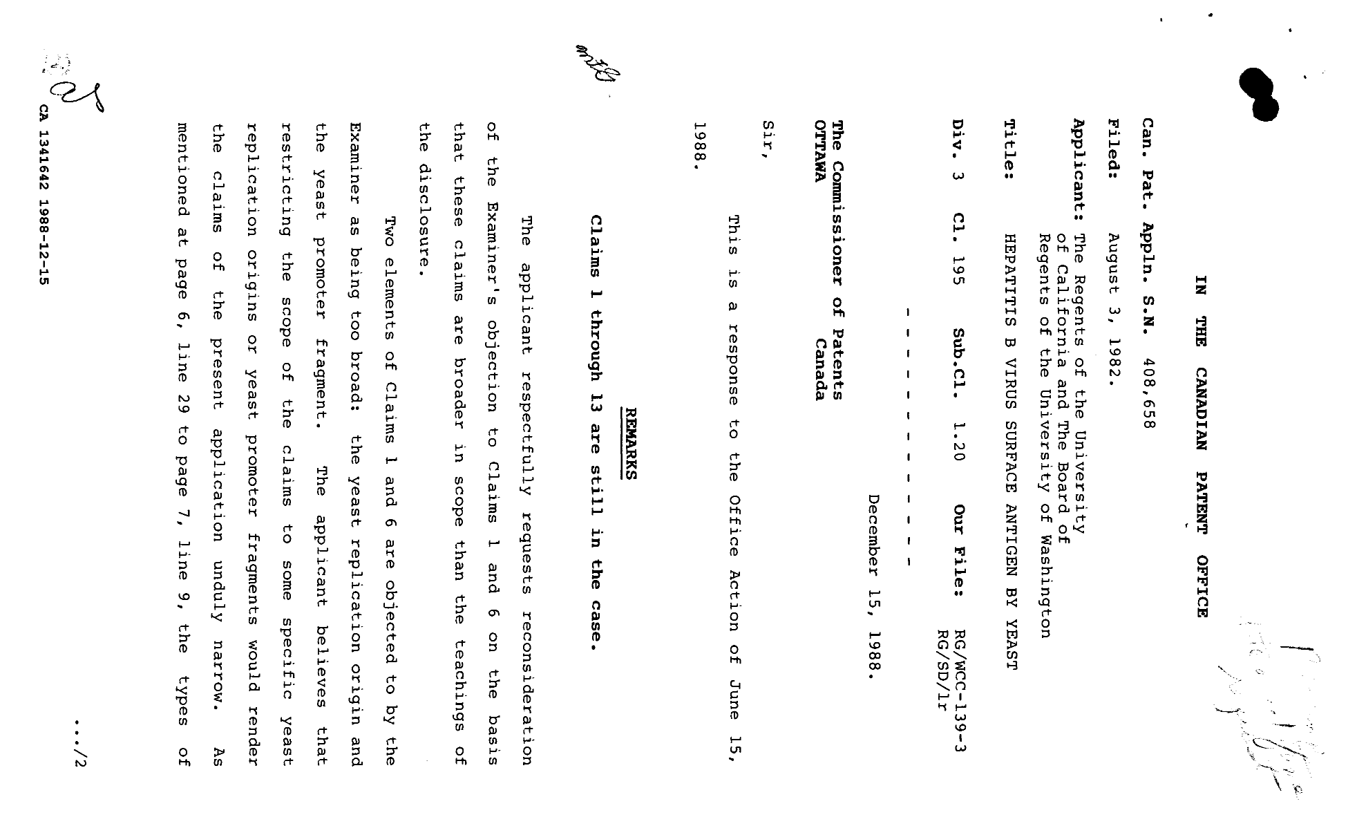 Canadian Patent Document 1341642. Amendment 19881215. Image 1 of 3