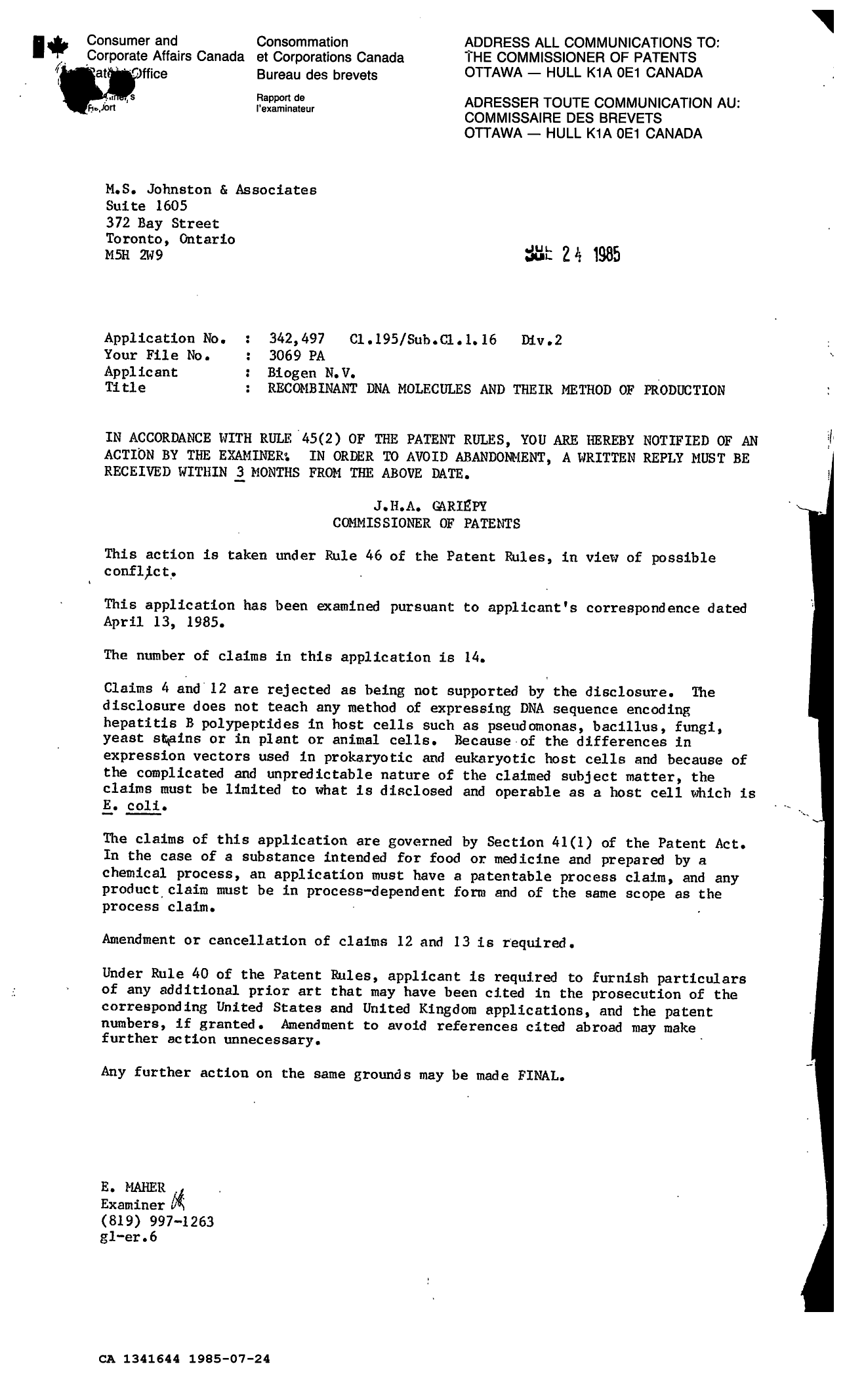 Document de brevet canadien 1341644. Modification 19850724. Image 1 de 1