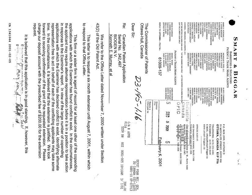 Document de brevet canadien 1341644. Correspondance de la poursuite 20010205. Image 1 de 2