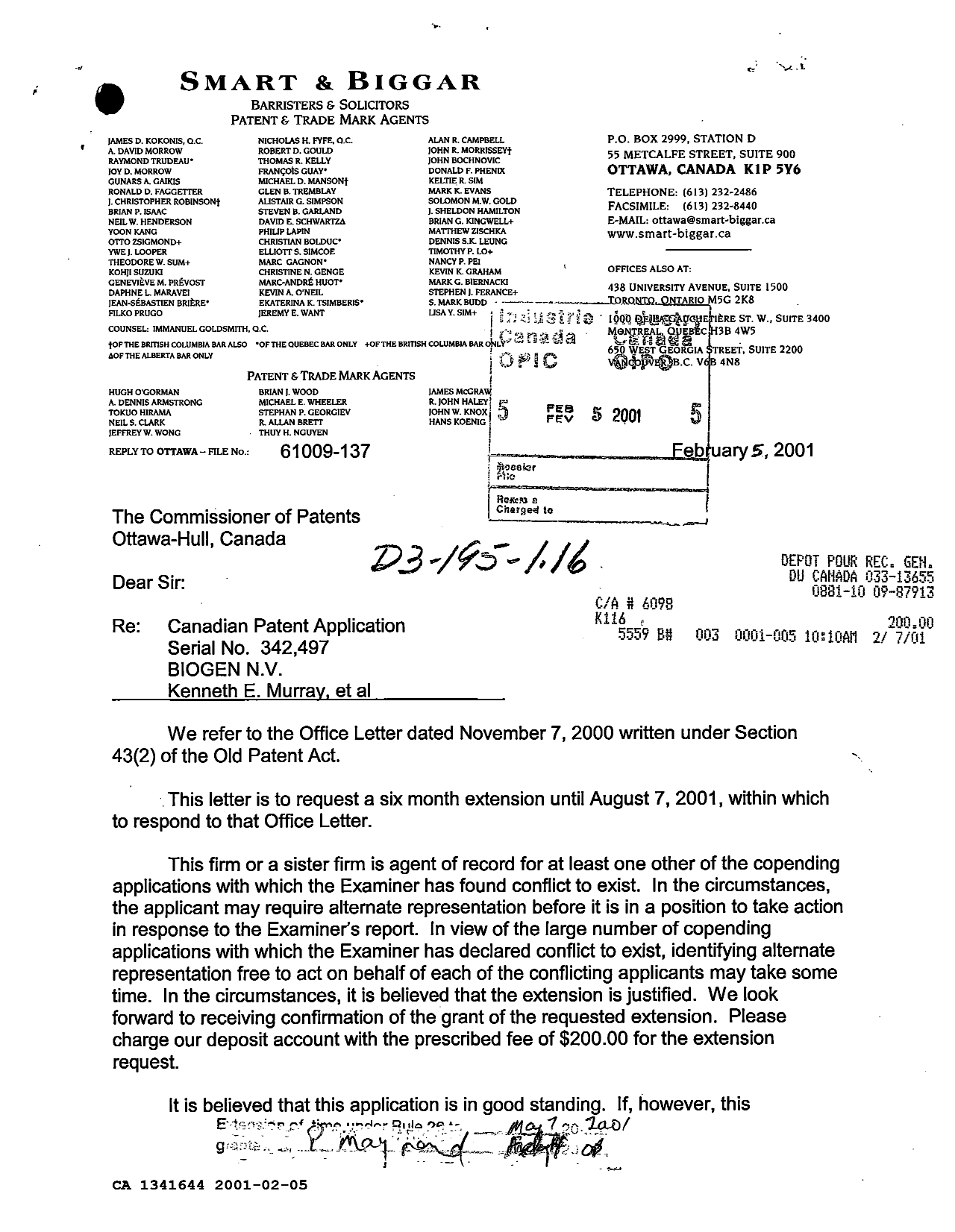 Canadian Patent Document 1341644. Prosecution Correspondence 20010205. Image 1 of 2