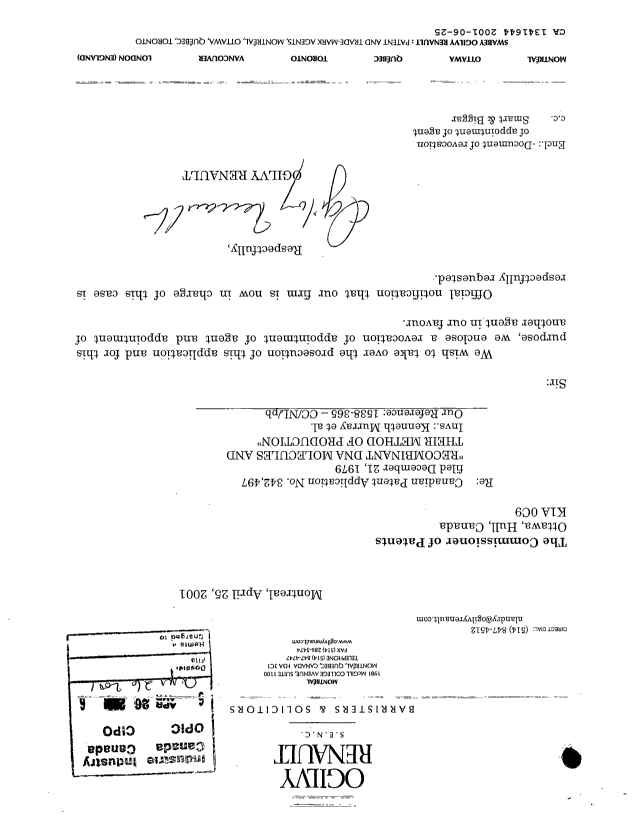Canadian Patent Document 1341644. PCT Correspondence 20010625. Image 1 of 1