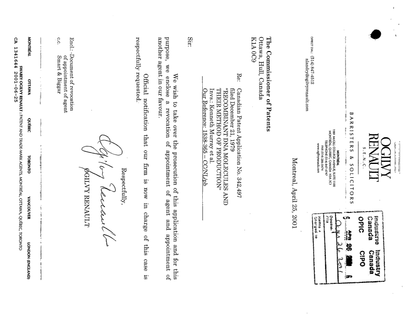 Document de brevet canadien 1341644. Correspondance reliée au PCT 20010625. Image 1 de 1