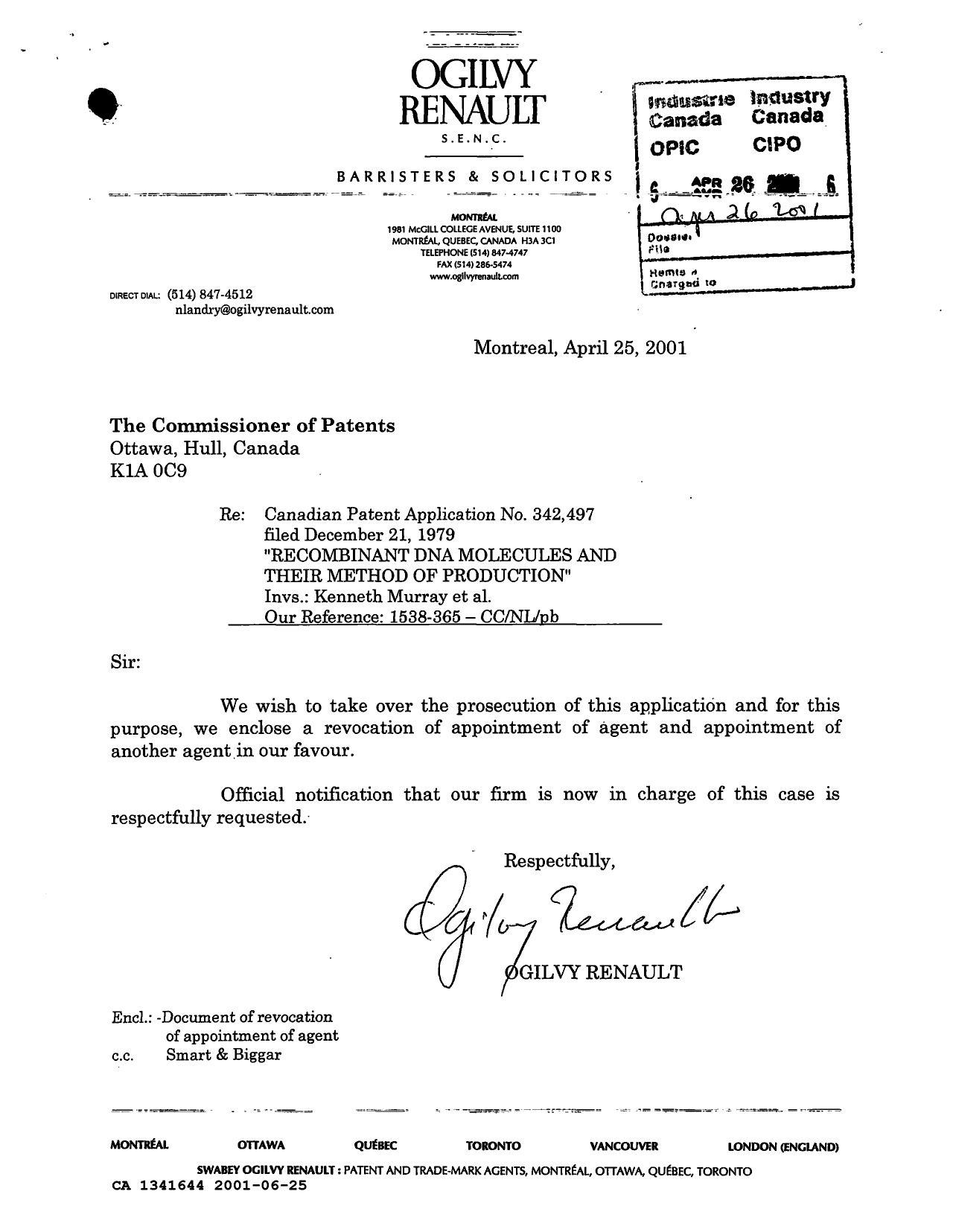Document de brevet canadien 1341644. Correspondance reliée au PCT 20010625. Image 1 de 1