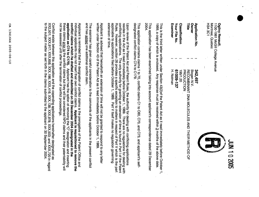 Document de brevet canadien 1341644. Redélivrance 20050610. Image 1 de 3