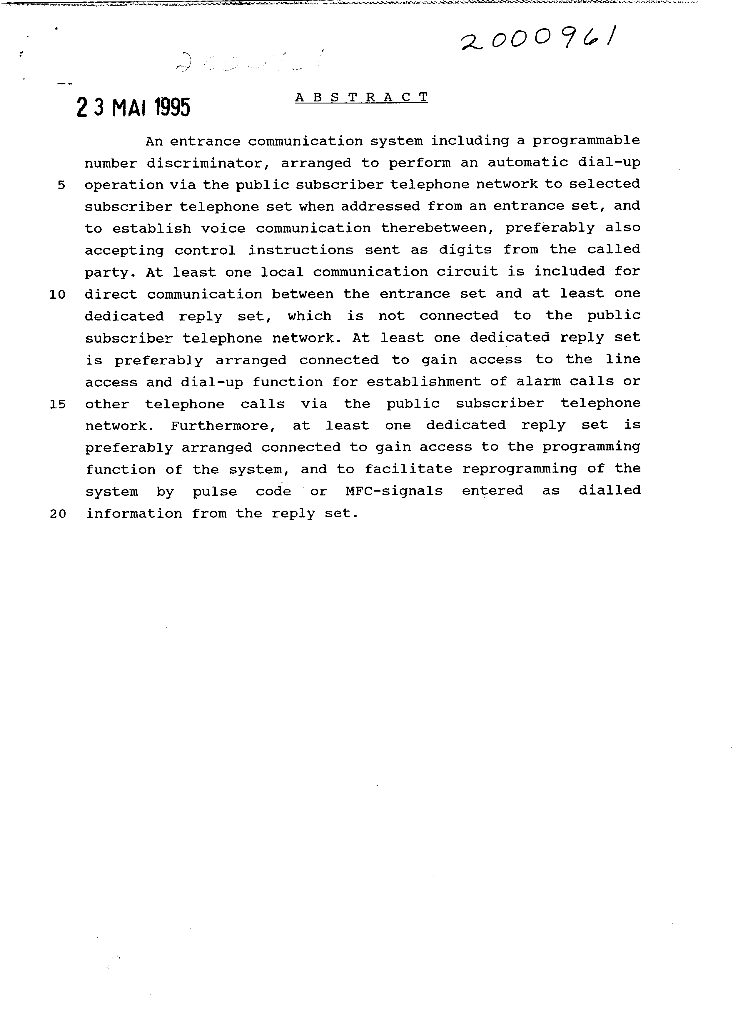 Canadian Patent Document 2000961. Abstract 19950523. Image 1 of 1