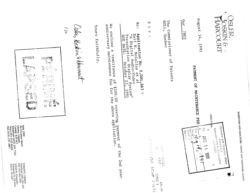 Document de brevet canadien 2001263. Taxes 19910814. Image 1 de 1